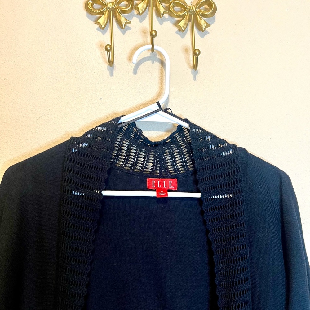 Elle Black Cropped Knit Cardigan Sweater with Crochet Edges. - Picture 2 of 6